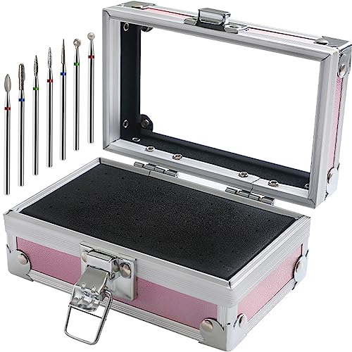 OLizee Nail Drill Bit Holder Case with 7 Drill Bits, Pink, 50-Hole Organizer