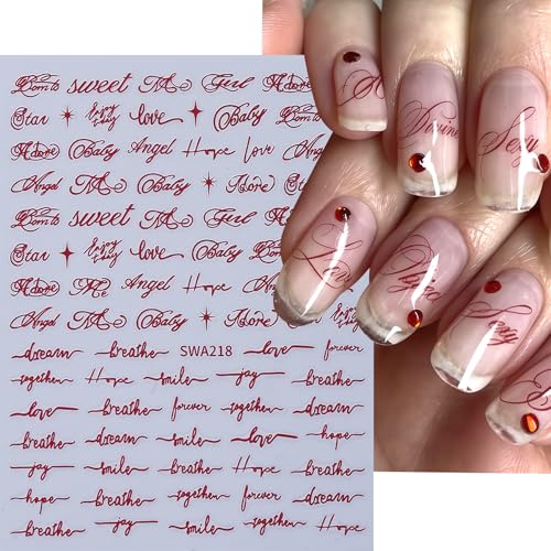 Sxidrosck English Letter Nail Stickers 6 Sheets 3D Self-Adhesive Black Red Cursive Word Design for Nail Art DIY