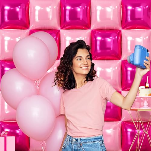 NISOCY 25PCS Hot Pink & Pearl Square Foil Balloons Kit