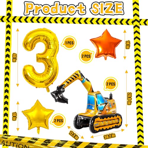 Construction Birthday Balloon Set - Excavator & Star Foil Balloons for 3rd Birthday Party