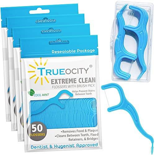 Trueocity Mint Dental Floss Picks with Brush, 200 Count - Ergonomic & Disposable