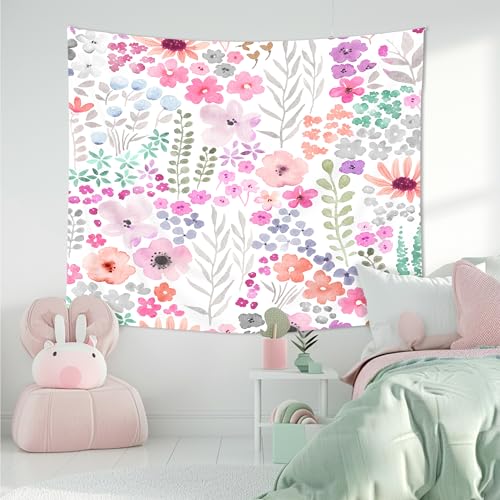 Purple Floral Tapestry - Watercolor Flowers Wall Hanging, 59x51 Inch