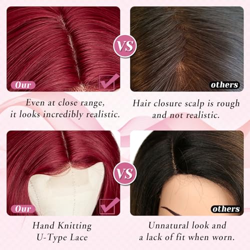MYQUEEN 26-Inch Red Wavy Lace Front Wig for Women - Glueless Long Curly Synthetic Hair