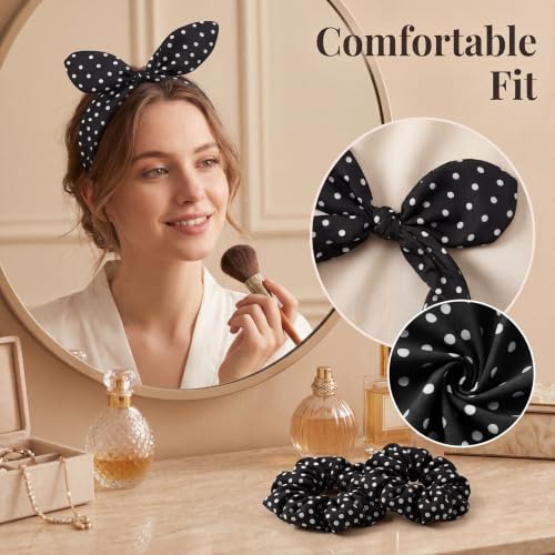 50s Polka Dot Headband & Hair Ties Set for Women - Retro Bow Pack of 3