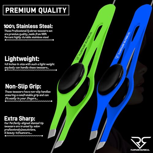 Professional Slant Tip Eyebrow Tweezers Set - Stainless Steel, Non-Slip Grip