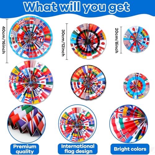 12 Pcs International Flags Paper Fans for Party Decorations