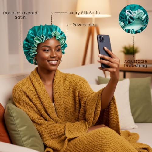 Silk Satin Reversible Sleep Hair Bonnet - Pretty Robes, Teal/Mint