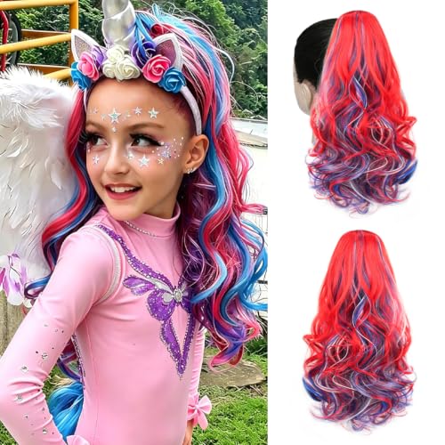 Rosmile 16 Inch Colorful Claw Clip Ponytail Extension Curly Wavy Hair, Pink Purple