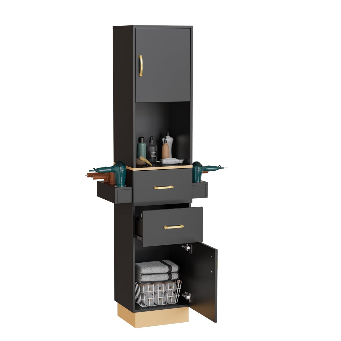 OmySalon Salon Stations for Hair Stylist, Barber Station Hair Salon Station, Beauty Salon Spa Equipment with 2 Drawers, 2 Storage Cabinet, 6 Hair Dryer Holders for Hair Styling, Black Gold