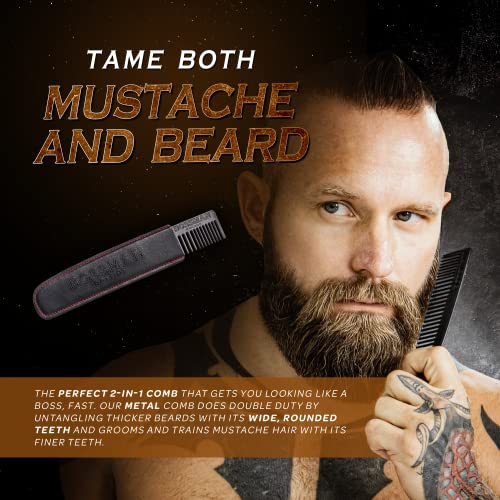 Bossman Metal Comb with Leather Case - Dual-Teeth Design for Beard & Mustache Care