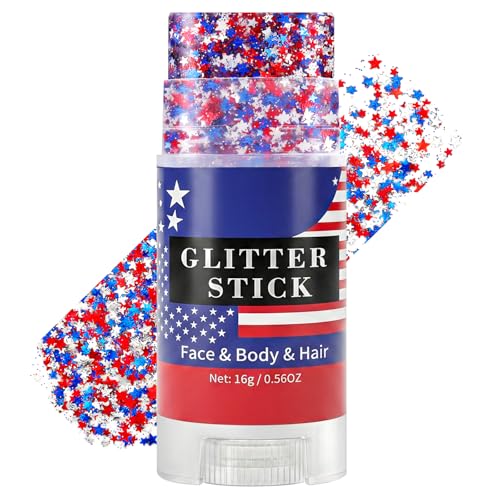 Mysense Red White and Blue Face Hair Body Glitter Stick with Star Sequins,4th of July Outfits for Women Kids,Patriotic USA Accessories for Independence Day Memorial Day 250 Anniversary