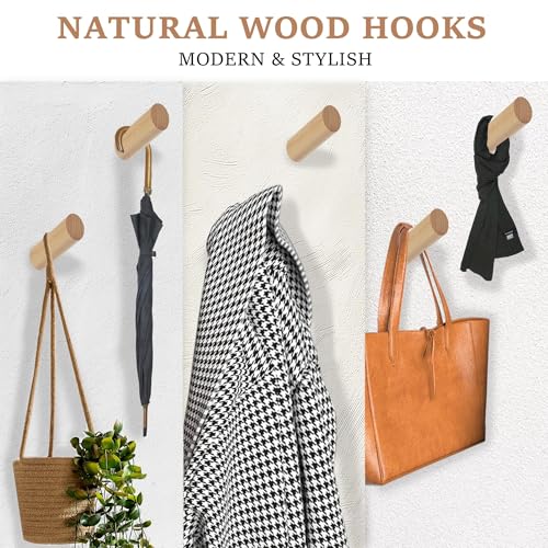 Evory 6 Pack Wooden Wall Hooks - Rustic Coat Hangers for Home
