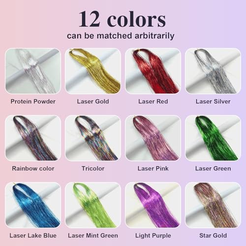 Leuceiy 12 Color 48" Hair Tinsel Kit - 3600 Strands for Sparkling Hair