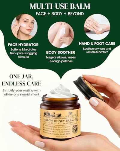 Beef Tallow Face & Body Moisturizer with Honey and Beeswax, Natural Hydrating Cream, 4.2Oz