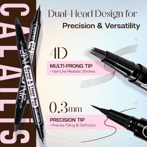 CALAILIS Waterproof Microblading Eyebrow Pencil for Women - Dark Brown 2-in-1 Microblading & Precise Brush Dual-Ended Eyebrow & Eyeliner Pen