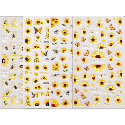 Puyokinm 5D Embossed Sunflower Nail Stickers Self-Adhesive Floral Summer Nail Decals for Women Girls 4 Sheets