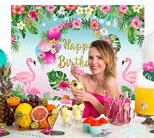 Tropical Hawaiian Birthday Backdrop - Flamingo & Palm Leaves 7x5FT