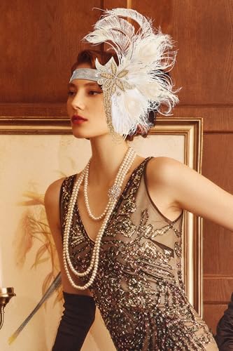 Beige Flapper Headpiece for Women - 1920s Gatsby Feather Headband