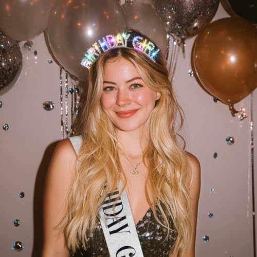 Silver Light Up Birthday Girl Headband with Rhinestones & Sash Set for Women