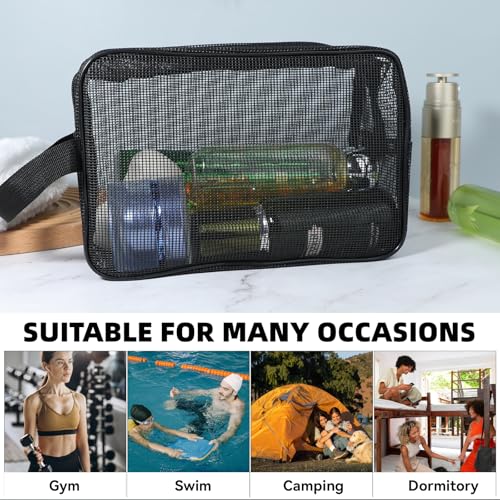 Cobee Portable Mesh Shower Bag with Zipper - Quick-Dry Toiletry Organizer 25x16cm (Black)