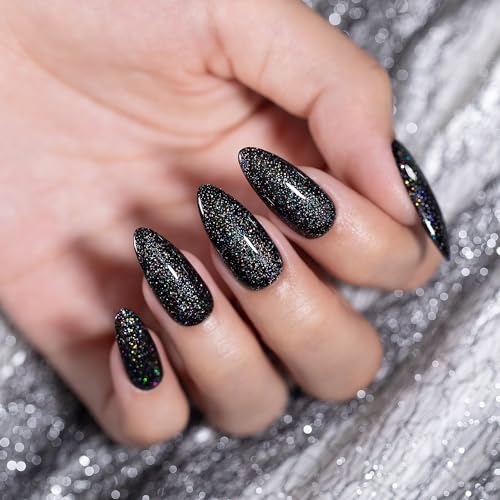 RARJSM Black Glitter Gel Nail Polish - Iridescent Rainbow Sparkle 15ML