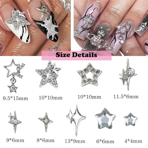 55pcs Y2K Silver Star Nail Charms - 3D Rhinestones for Nail Art