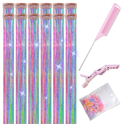 ONROCL 12Pcs 24 Inch Hair Tinsel Clip-in Extensions - Colorful Glitter for Festivals