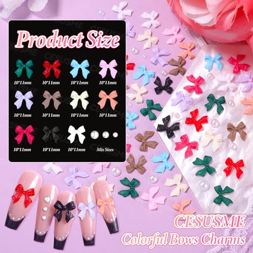 CESUSME 3 Boxes Bow Flower Nail Charms - 3D Color Flower & Bow Nail Art Decorations, S1