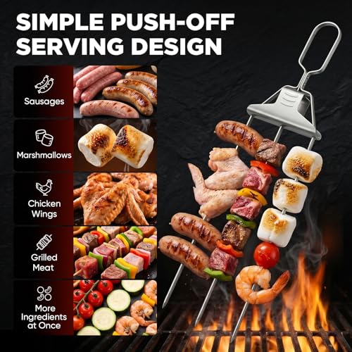 Saker 14.7 Inch Stainless Steel BBQ Skewers - 3 Prong Kabob Sticks with Push-Off Slider