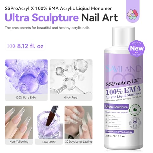 SAVILAND Pure EMA Acrylic Nail Liquid Kit 240ml with 3 Brushes - Low Odor, Non-Yellowing