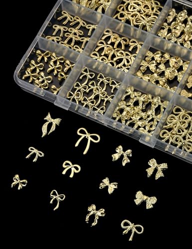 UWETIME 120Pcs Gold Bow Nail Charms Set 12 Styles 3D Alloy Hearts & Bows