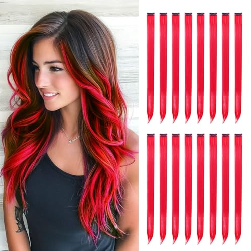 HappClan Red 22 Inch Clip-In Hair Extensions - Colorful Synthetic Rainbow Hairpieces for Girls & Women, Easy DIY Style, Party & Cosplay
