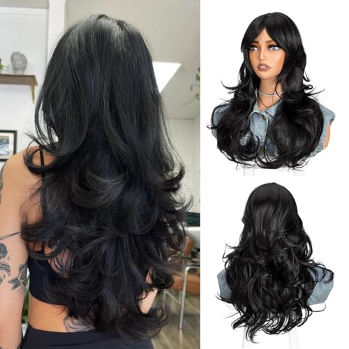 22 Inch Long Black Layered Wig with Curtain Bangs for Women