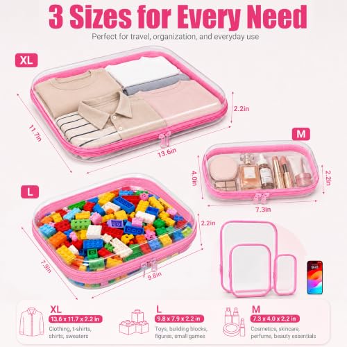 Clear Hard Shell Zipper Case Set (Pink, 1XL + 1L + 1M) - TSA Friendly