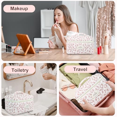 Pink Leopard Print Floral Quilted Makeup Bag for Travel