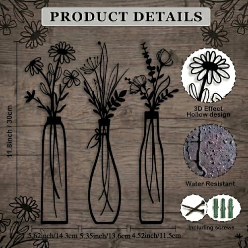 Uparea Modern Metal Wall Art - Black Floral Vase Decor