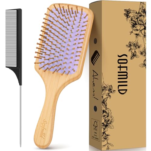 Sofmild Bamboo Paddle Hair Brush and Tail Comb Set for All Hair Types