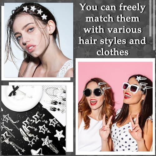60 Pcs Y2K Goth Hair Clips Set - Silver Metal Barrettes & Accessories