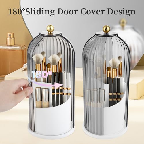 360 Rotating Makeup Brush Holder with Dustproof Lid - Grey Organizer