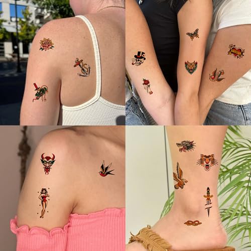 76Pcs American Traditional Temporary Tattoos for Adults - Retro & Realistic