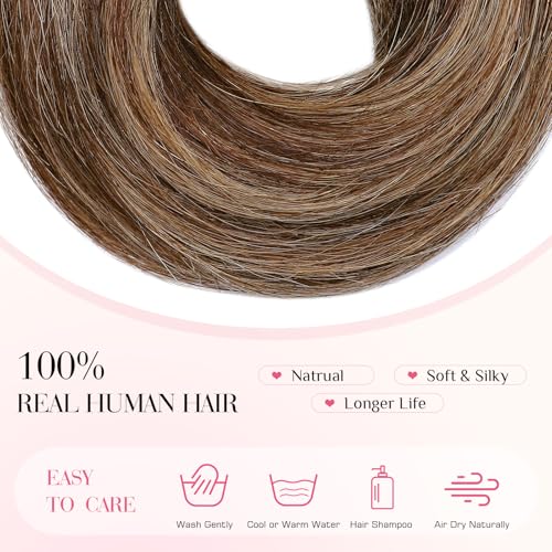 Rich Choices Human Hair Messy Bun Hair Piece for Women - Straight Medium Brown Highlight Dark Blonde, Easy Updo Extension