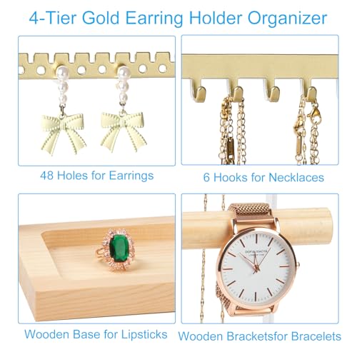 Gold Jewelry Organizer Stand - 4 Tier Earring Holder with Necklace Hooks