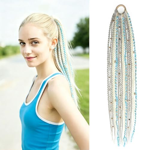 Eliza Boho Braided Ponytail Hair Extensions 24 Inch Light Grey & Turquoise Beads