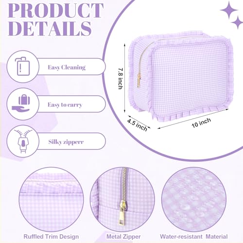Purple Gingham Ruffle Makeup Bag - Large Travel Cosmetic Pouch