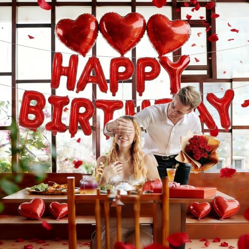 Romantic Birthday Balloon Set with Red Heart Balloons & Rose Petals