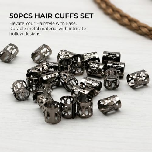 50 Pcs Adjustable Black Dreadlock Beads - Metal Hair Rings