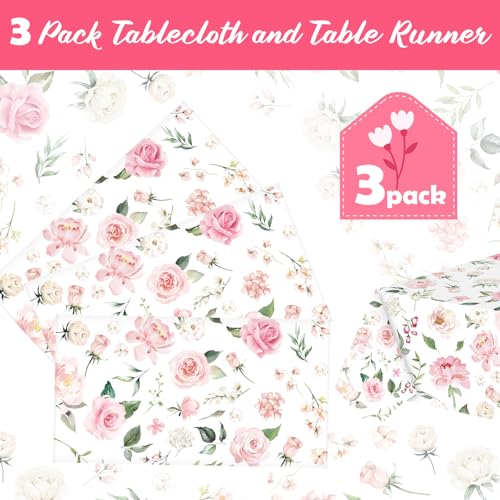 Ganeen 3 Pack Pink Floral Disposable Tablecloths, 54 x 108 Inch