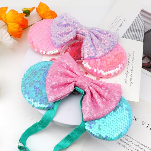 AQOKKA 2 Pcs Mouse Ears Headbands with Bow for Women, Cosplay & Party Accessories, Blue & Pink