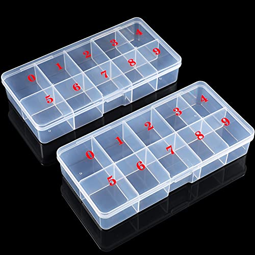 2 Pack Nail Tip Storage Box with 10 Slots - Clear Plastic Organizer for Nails & Crafts
