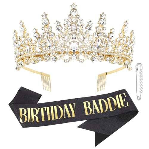 Gold Birthday Crown and Black Birthday Baddie Sash Set for Women